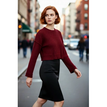 Kadın Bordo Oversize Kesim Fitilli Triko Crop Kazak Uzun Kollu Bisiklet Yaka Günlük Şıklık