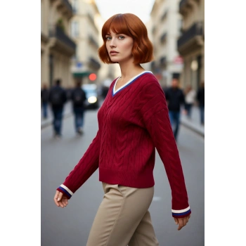 Kadın Bordo Rengi Saç Örgü Desenli V Yaka Triko Kazak Düşük Kol Rahatlık Sunan Sonbahar Kış