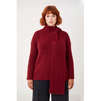 Kadın Bordo Şal Detaylı Yün İçerikli Kalın Triko Kazak Düz Desenli Regular Kalıp Uzun Kollu Kışlık