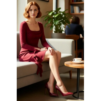 Kadın Bordo Uzun Kollu Kare Yaka Taş Detaylı Skater Elbise Şık Gece Davetleri İçin Kaliteli