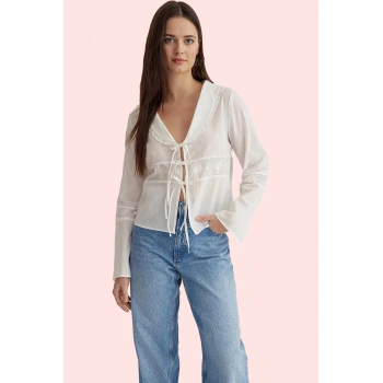 Kadın Brode Dokuma Gömlek Bebe Yaka Truvakar Kol Pamuklu Günlük Kullanım Dayanıklı Malzeme