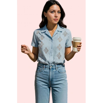 Kadın Brode Dokuma Gömlek Nakışlı Desenli Rahat Günlük Tarz Hafta Sonu Yaz Aylarının Vazgeçilmezi
