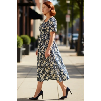 Kadın Büyük Beden A Kesim Dokuma Çiçekli Asimetrik Yaka Balon Kol Midi Elbise Rahat Şıklık Sunar