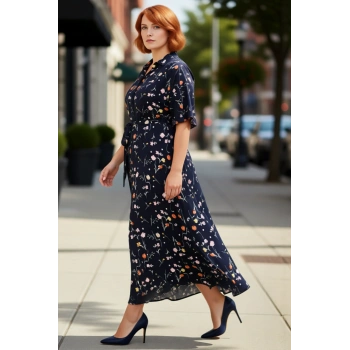 Kadın Büyük Beden A Line Çiçekli Gömlek Yaka Viskon Kumaş Maxi Elbise Kısa Melek Kol Tasarımı