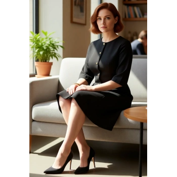 Kadın Büyük Beden A Line Dokuma Elbise Modern Bisiklet Yaka Şık Truvakar Kol Tasarımı Kaliteli