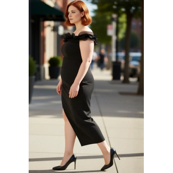 Kadın Büyük Beden A line Kesim Düz Desen Kolsuz Fırfırlı Carmen Yaka Maxi Elbise Şık Davetler İçin