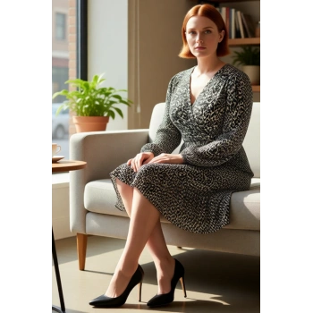 Kadın Büyük Beden A Line Mini Elbise Uzun Kollu V Yaka Örme Kumaş Hareketli Desenli Modern