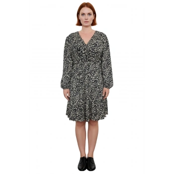 Kadın Büyük Beden A Line Mini Elbise Uzun Kollu V Yaka Örme Kumaş Hareketli Desenli Modern