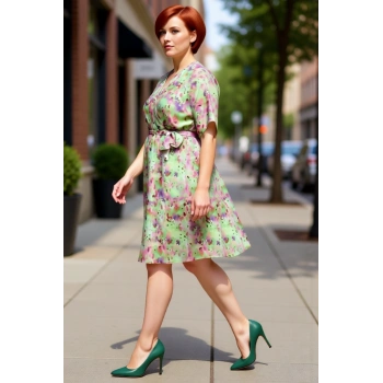 Kadın Büyük Beden A Line Şifon Elbise Çiçekli Desen Melek Kol V Yaka Kuşaklı Kısa Boy Yaz Günleri