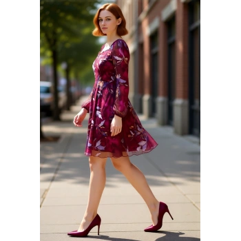 Kadın Büyük Beden A Line Şifon Geometrik Desenli Mini Kalp Yaka Balon Kol İlkbahar Sonbahar Elbise