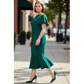 Kadın Büyük Beden Bodycon Midi Elbise Melek Kol Dokuma Kumaş Bisiklet Yaka Şık Günlük Stile Uygun