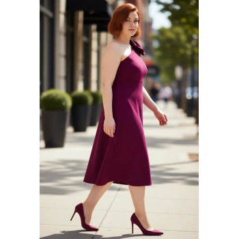 Kadın Büyük Beden Bodycon Midi Elbise Tek Omuzlu Asimetrik Yaka Şık Davetler İçin Zarif Dokuma