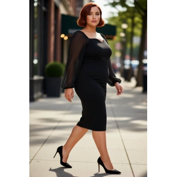 Kadın Büyük Beden Bodycon Midi V Yaka Uzun Kol Dokuma Krep Şık Elbise İlkbahar Sonbahar Özel