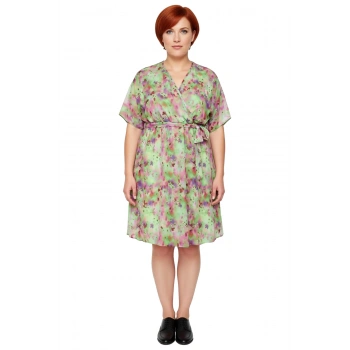 Kadın Büyük Beden Çiçek Desenli A Line Şifon Elbise Melek Kol V Yaka Kuşaklı Kısa Boy Yaz Stili