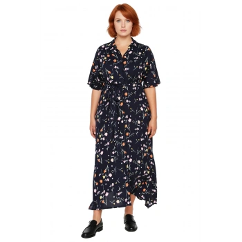 Kadın Büyük Beden Çiçek Desenli Astarsız Viskon Maxi Elbise Gömlek Yaka Melek Kol Rahat Kesim