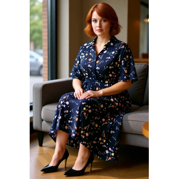 Kadın Büyük Beden Çiçek Desenli Astarsız Viskon Maxi Elbise Gömlek Yaka Melek Kol Rahat Kesim