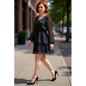 Kadın Büyük Beden Çiçek Desenli Şifon Dokuma Mini Eteği Fırfırlı Uzun Balon Kol Skater Elbise