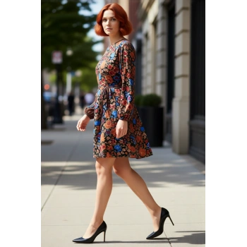 Kadın Büyük Beden Çiçekli Balon Kol Kuşaklı Bisiklet Yaka Volanlı Skater Viskoz Dokuma Elbise