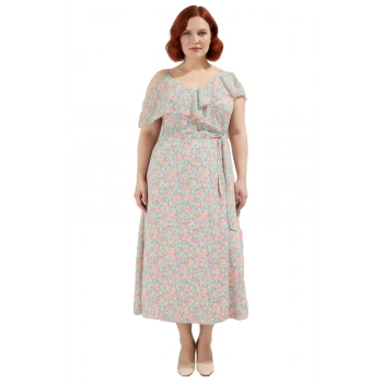 Kadın Büyük Beden Çiçekli Şifon Maxi Elbise Asimetrik Yaka Fırfırlı Tasarım İlkbahar Yaz Özel