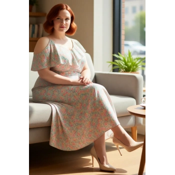 Kadın Büyük Beden Çiçekli Şifon Maxi Elbise Asimetrik Yaka Fırfırlı Tasarım İlkbahar Yaz Özel