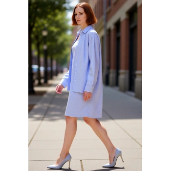 Kadın Büyük Beden Çizgili Dokuma Mini Elbise Ve Uzun Kollu Gömlek İkili Rahat Takım Kaliteli