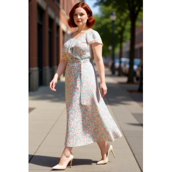 Kadın Büyük Beden Çok Renkli Çiçekli Asimetrik Fırfırlı Şifon Maxi Elbise Yaz Akşamları İçin