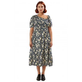 Kadın Büyük Beden Dokuma Gipeli Asimetrik Yaka Balon Kol Midi Elbise Viskoz Kumaş Konforu Sunar