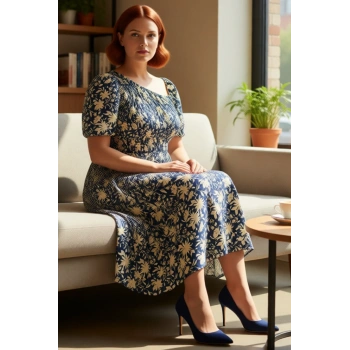 Kadın Büyük Beden Dokuma Gipeli Asimetrik Yaka Balon Kol Midi Elbise Viskoz Kumaş Konforu Sunar