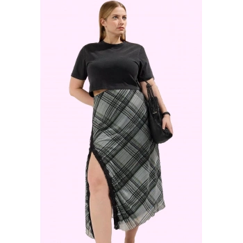 Kadın Büyük Beden Ekose Desenli Esnek Örme Midi Etek Tül Dantel Detaylı Günlük Özel Günler