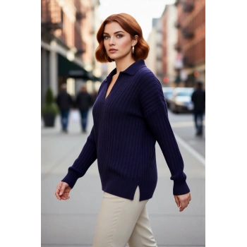 Kadın Büyük Beden Fitilli Düşük Kol Polo Yaka Triko Kazak Kış Şıklığı Ve Konforu Sunuyor Kaliteli