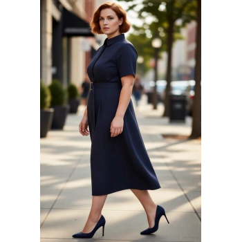Kadın Büyük Beden Gömlek Elbise Kemer Detaylı Kısa Kollu Midi Boy Şık Poplin Dokuma Kaliteli