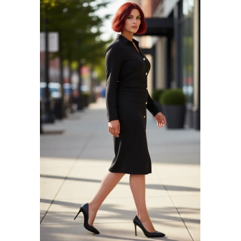 Kadın Büyük Beden Gömlek Yaka Büzgü Detaylı Örme Midi Elbise Şık Uzun Kol Kışlık Tasarım Kaliteli