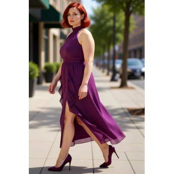 Kadın Büyük Beden Halter Yaka Kolsuz Maxi A Line Şifon Elbise Fırfır Detaylı Özel Davetler İçin