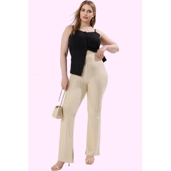 Kadın Büyük Beden İspanyol Paça Pantolon Yüksek Bel Çizgili Desen Günlük Stil Modern Tasarım