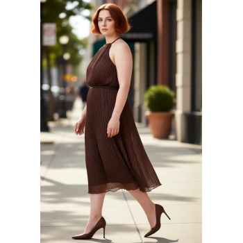 Kadın Büyük Beden Kahverengi Düz Halter Yaka Maxi Bodycon Dokuma Elbise Şık Davetler İçin Kaliteli