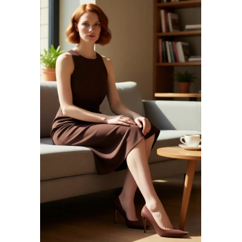 Kadın Büyük Beden Kahverengi Kolsuz Midi Elbise Rahat A Line Dokuma Yan Bağlama Detaylı Kaliteli