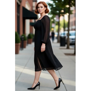 Kadın Büyük Beden Kare Yaka Balon Kollu A Kesim Yırtmaç Detaylı Midi Şifon Elbise Zarif Stil