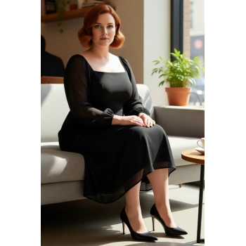 Kadın Büyük Beden Kare Yaka Uzun Balon Kollu A Kesim Midi Şifon Elbise Özel Günler İçin Kaliteli