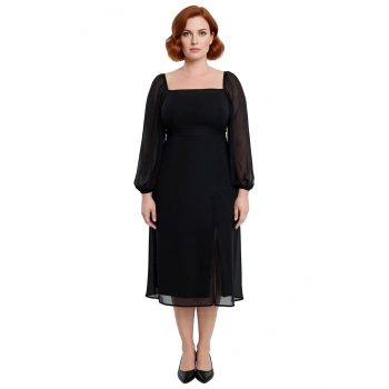 Kadın Büyük Beden Kare Yaka Uzun Balon Kollu A Kesim Midi Şifon Elbise Özel Günler İçin Kaliteli