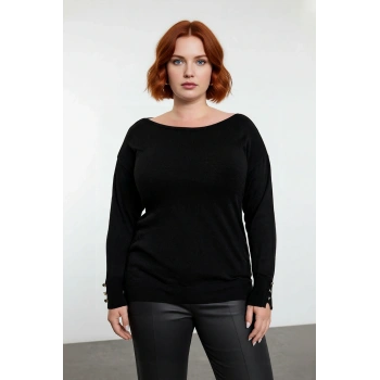 Kadın Büyük Beden Kayık Yaka Düğme Detaylı Kollu İnce Triko Kazak Kış Günleri İçin Şık Ve Rahat