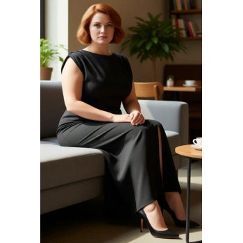 Kadın Büyük Beden Kayık Yaka Kolsuz Maxi Abiye Dokuma Elbise Şık Akşam Davetlerine Uygun Kaliteli