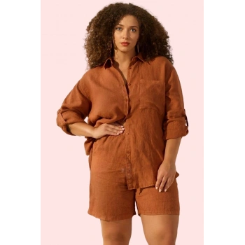 Kadın Büyük Beden Keten Gömlek Rahat Kalıp Günlük Stil Hafta Sonu Yaz Aylarının Vazgeçilmezi