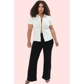 Kadın Büyük Beden Kısa Kol Fermuarlı Dokuma Gömlek Renk Günlük Stil Yaz Aylarının Vazgeçilmezi