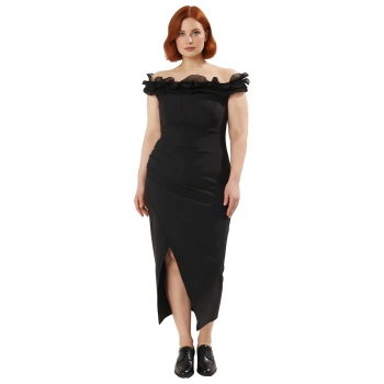 Kadın Büyük Beden Kolsuz Carmen Yaka Fırfırlı Yırtmaçlı Dokuma A line Maxi Elbise Özel Günler İçin