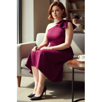 Kadın Büyük Beden Kolsuz Midi Elbise Asimetrik Yaka Kurdele Detaylı Şık Gece Kombinleri İçin