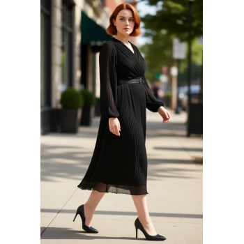 Kadın Büyük Beden Kruvaze Piliseli Şifon Midi Elbise Uzun Kollu Ve Kemer Detaylı Şık Tasarım