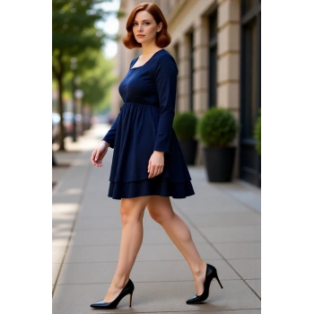 Kadın Büyük Beden Lacivert Kare Yaka Skater Örme Elbise Uzun Kollu Kışlık Rahat Şıklık Kaliteli