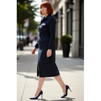 Kadın Büyük Beden Lacivert Kuşaklı Gabardin Dokuma Uzun Kol Gömlek Yaka Fermuarlı Midi Boy Elbise