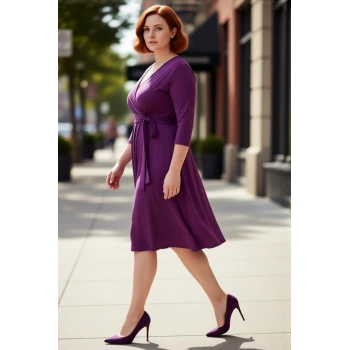 Kadın Büyük Beden Mor Kruvaze Kuşaklı A line Örme Midi Elbise Şık Ve Rahat Bir Seçim Kaliteli