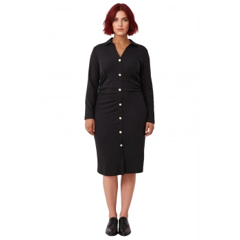 Kadın Büyük Beden Örme Kumaş Midi Elbise Modern Gömlek Yaka Büzgü Detayı Uzun Kol Sonbahar